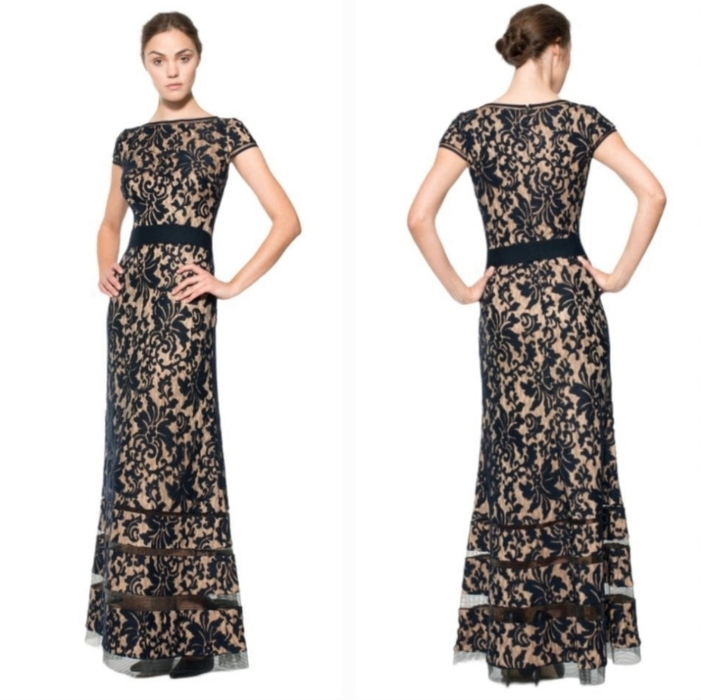 Tadashi Embroidered Lace Cap Sleeve Gown in Navy / Nude 3K914L-NV/ND